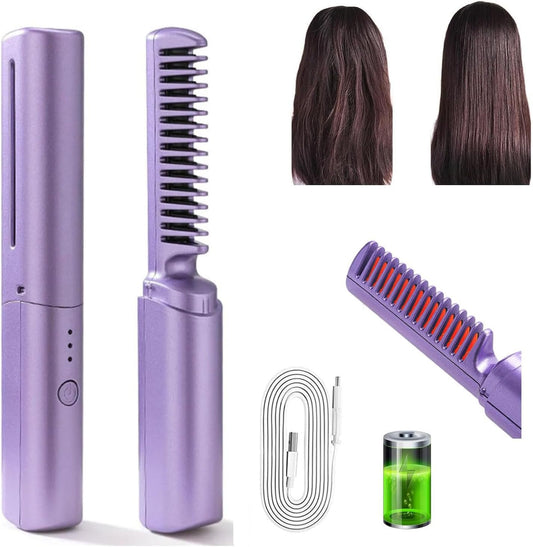 Rechargeable Mini Hair Straightener, Portable Cordless Hair Straightener, Portable Straightening Brush with Negative Ion, Lightweight & Mini for Travel, Hot Comb Hair Straightener for Women