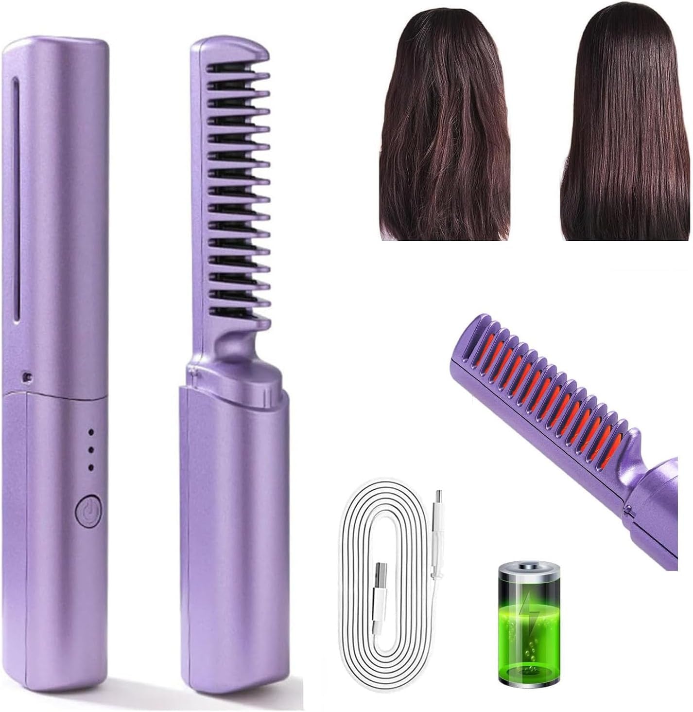 Rechargeable Mini Hair Straightener, Portable Cordless Hair Straightener, Portable Straightening Brush with Negative Ion, Lightweight & Mini for Travel, Hot Comb Hair Straightener for Women